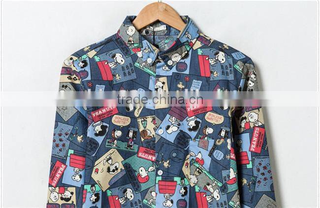 2016 Cartoon printed men denim casual shirt