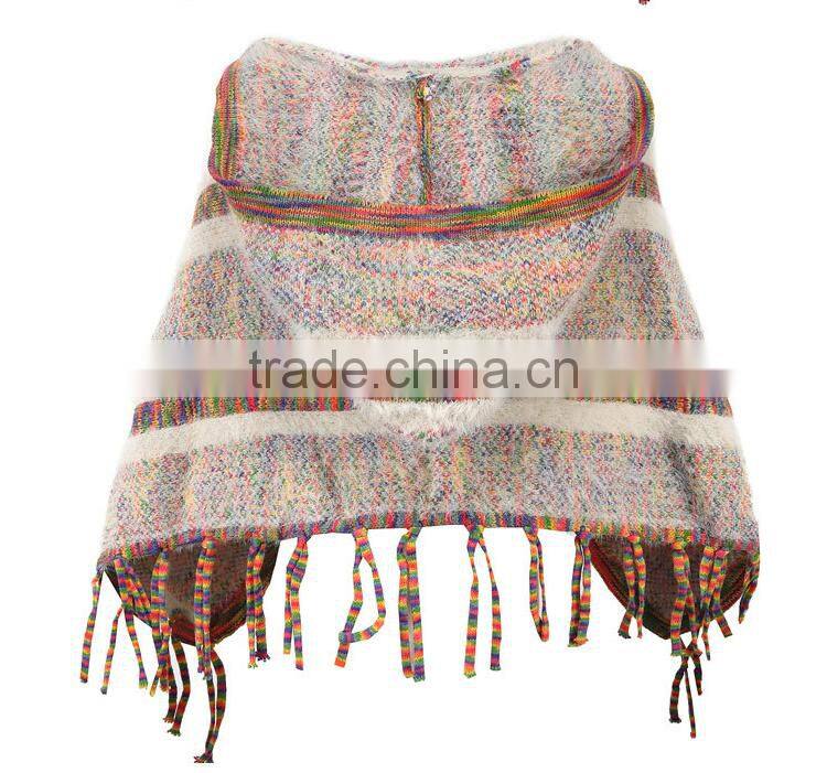 Fashionable Girl Knitting Poncho With Hat Sweater