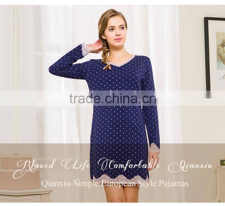 Modern Style Qianxiu Wholesale High Quality Knitted Cotton Women Girl Long Sleeve Print Dots Dressing Gown