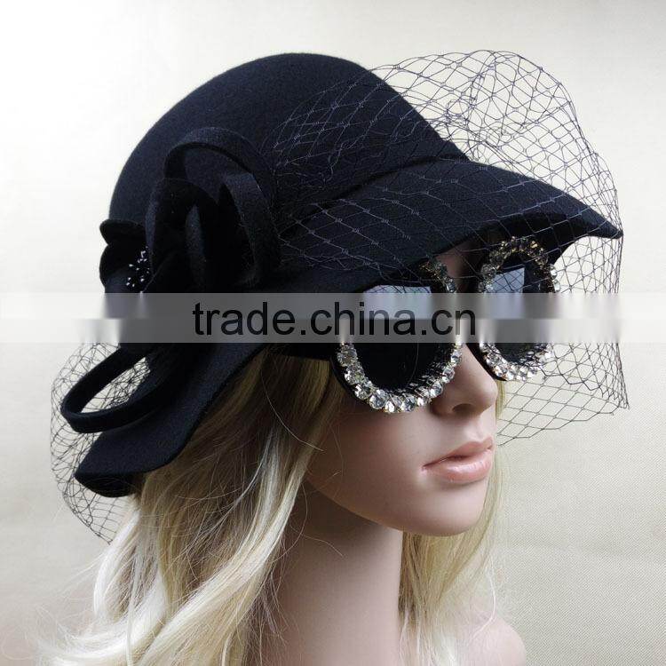 Hot Sale Women's Wide Brim Wool Felt Hats With Veil Fascinator