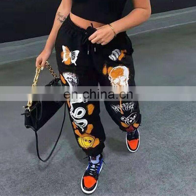 2021 autumn and winter new fashion street trend multi-pattern printing strap thick warm casual pants