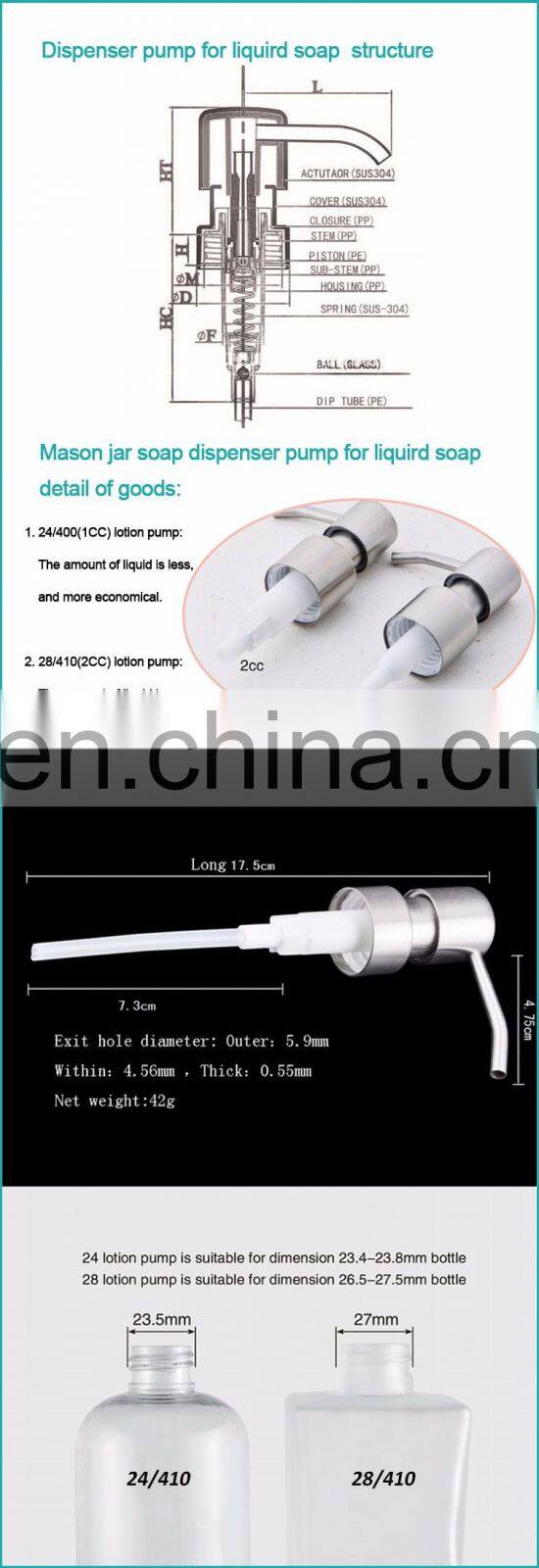 Free sample chrome 1cc / 2cc stainless steel 304 liquid soap penis lotion pump 24/410