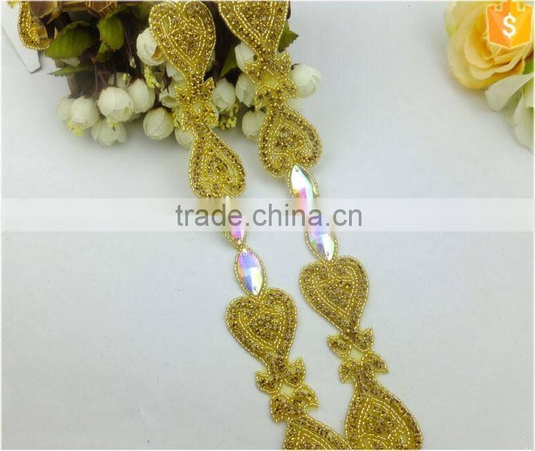 Gold Trim Wedding Bridal Dress Belt Sash Rhinestone Applique