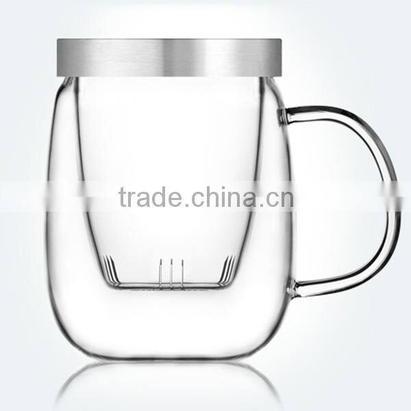 Free Samples! 370ml Glass Tea Cups with Glass Strainer/ Filter/ Infuser and Stainless Steel Lid on Promotion