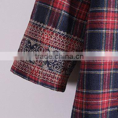 lady checked long skirt cotton shirt emboridery long sleeve blouse