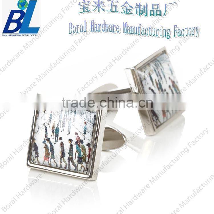 Square shape sticker with epoxy zinc alloy silver cufflinks