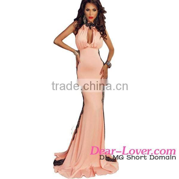 Pink latest Halterneck Lace Trim ladies long evening party wear gown