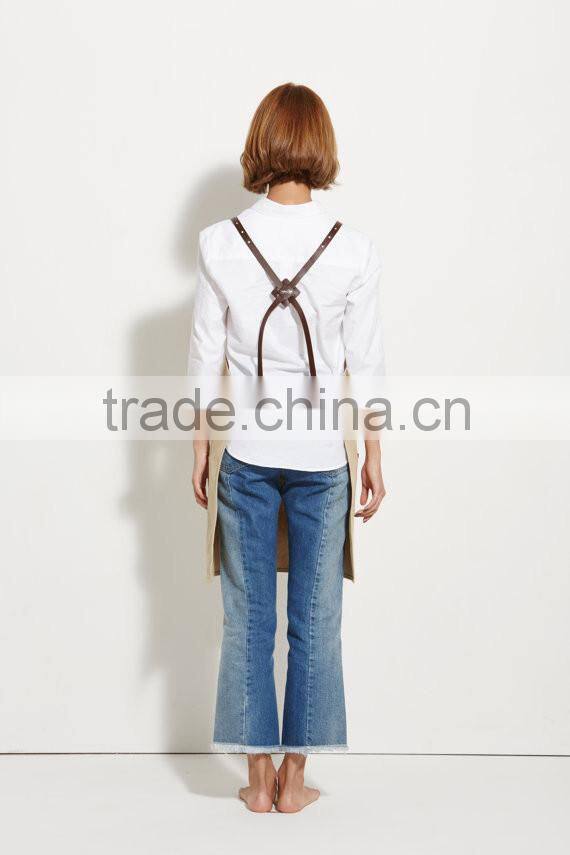 Vintage Canvas Barista Apron, Ivory Canvas with Dark Brown Leather Strap Apron