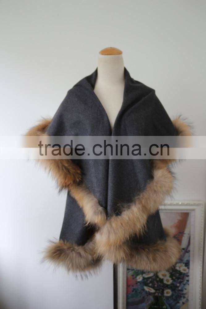 Latest Wool & Cashmere Outwear Womens Capes With Raccoon Fur Trim
