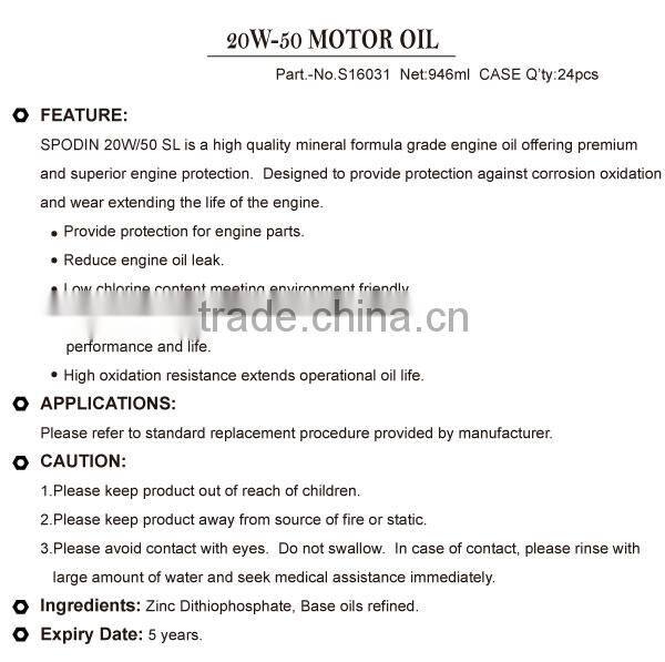 Engine Lubricating 20W50 Engine Oil for engine protection