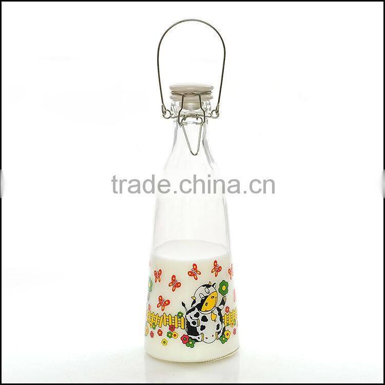 Cute Cow Pattern Glass Milk Bottle With Ceramic Lid