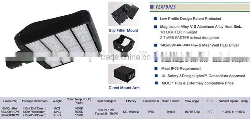 SNC silm housing body and dlc ul cul listed 480w led parking lot light with 5 years guarantee