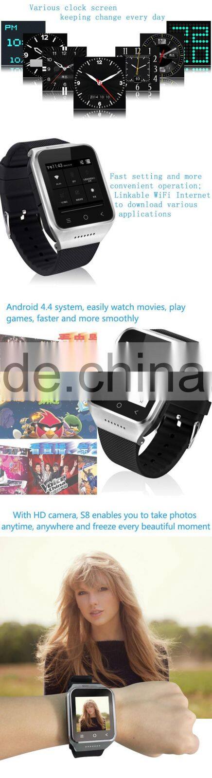 Android 4.4 OS Smart Watch S8 3G MTK6572 Dual Core 4G ROM Phone Watch 2.0MP Camera SIM Card WCDMA GSM Smartwatch App GPS WIFI