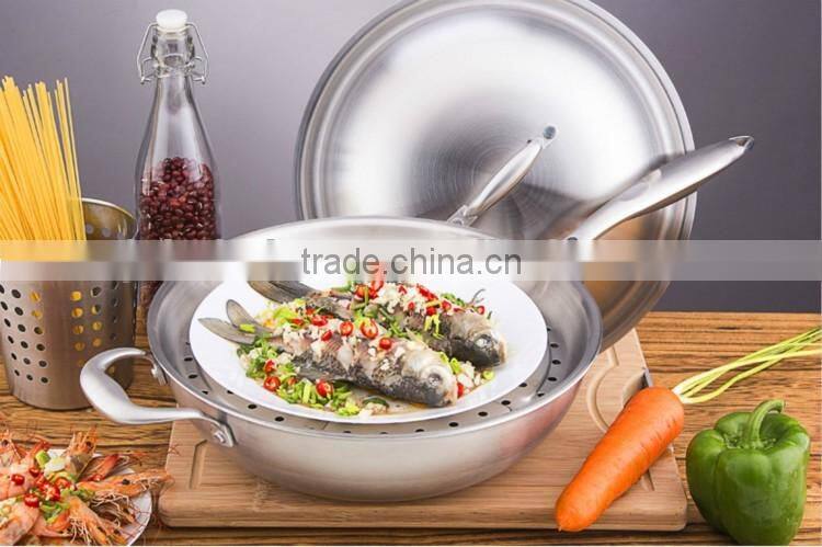 3 Layer Hot sale Stainless Steel Wok Pan,Chinese Wok no ear