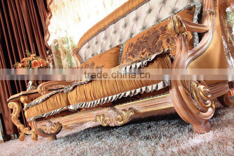 Luxury European Victorian Style Living Room Beige Sofa Set/Fancy Palace Wood Carving Tufted Button Fabric Sofa With Cushions