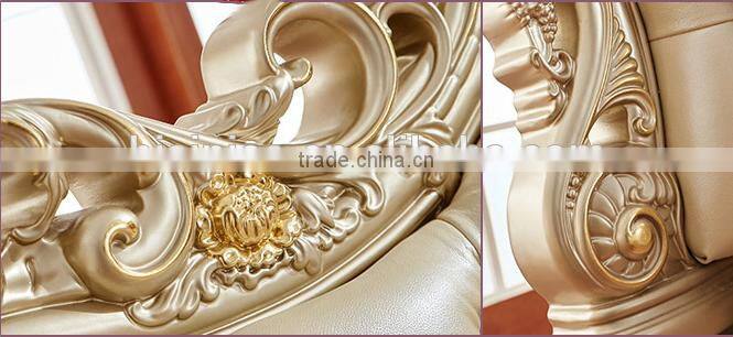 Neoclassic bedroom furniture solid wood gold painting genuine leather double bed