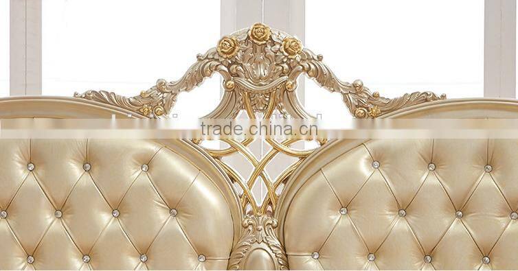 Solid wood champagne gold carving double bed with leather headboard