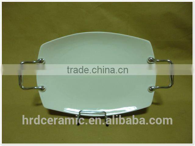 2015 Cina supply stock ceramic square plate with Metal handle