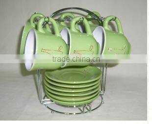 Set of 6 bottle design hand printing ceramic tea cups set with rack