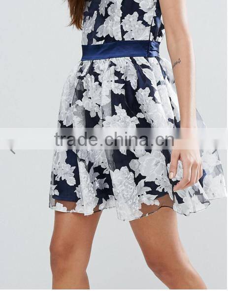 Guangzhou Fashion Clothing OEM Navy Slash Detail Sexy Organza Floral Dress