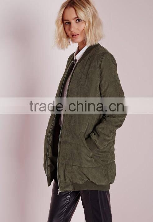 wholesale ribbed collar women winter longline khaki padded bomber jacket