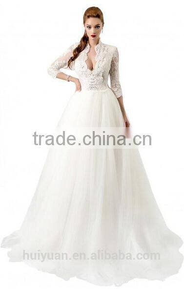 beautiful deep v neck lace long sleeve muslim wedding dress