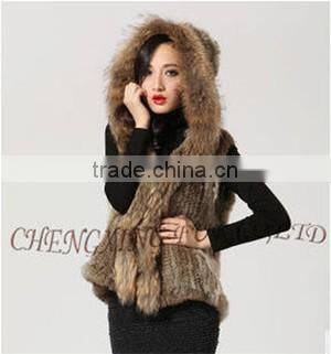 CX-G-B-216 New Style Short Raccoon Fur Trim Knitted Rabbit Fur Coat Hood