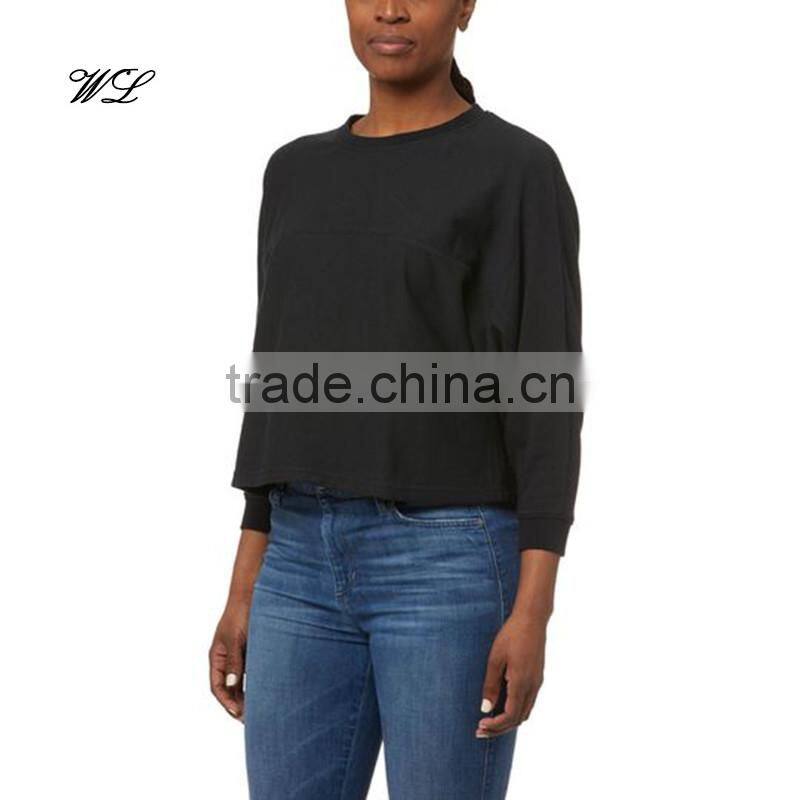 Women custom black fleece bat wing crew neck hooded sweatshirt