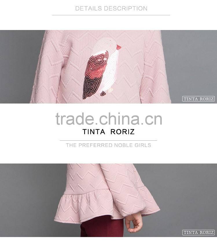 2017 Spring Fashion Sequins Pattern t Shirt With Pleated Hem Kids Party Wear