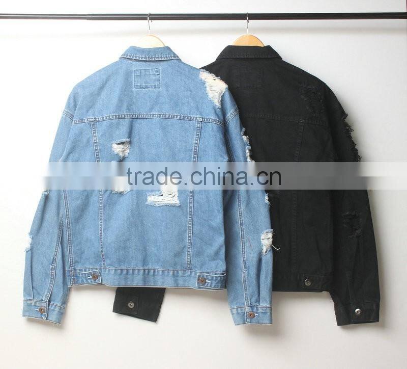 Men's washed distressed cotton/spandex button-up denim jacket with holes