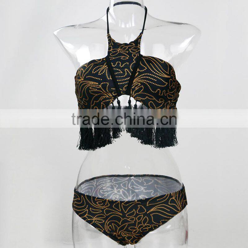 gray tassel leaves swimwear bikini/ latest fashion green vintage tassel bikini swimwear