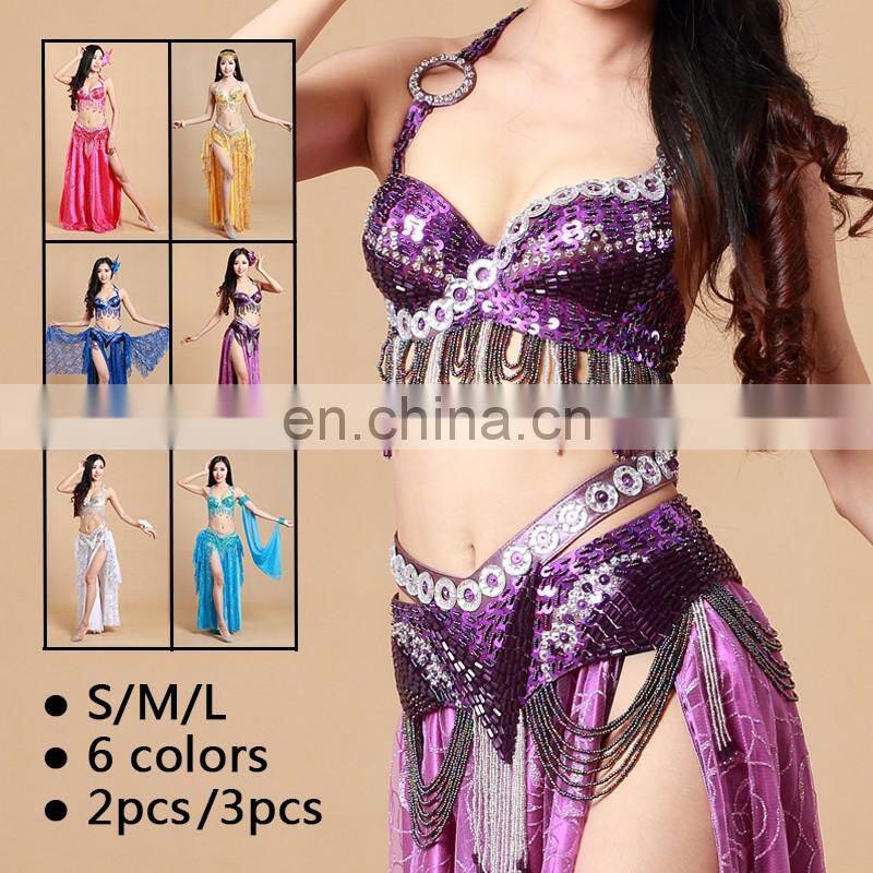 High-grade 5pcs hot stamping ice silk bellydance costume with handmade bell