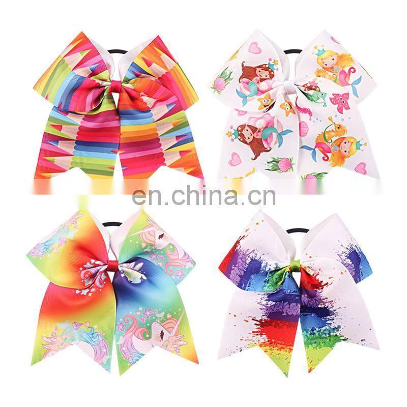 7'' Girls Mermaid Pencil Print Cheer Bows Grosgrain Ribbon School Hair Bow Elastic Rubber Handmade Hair Clip Hair Accessories