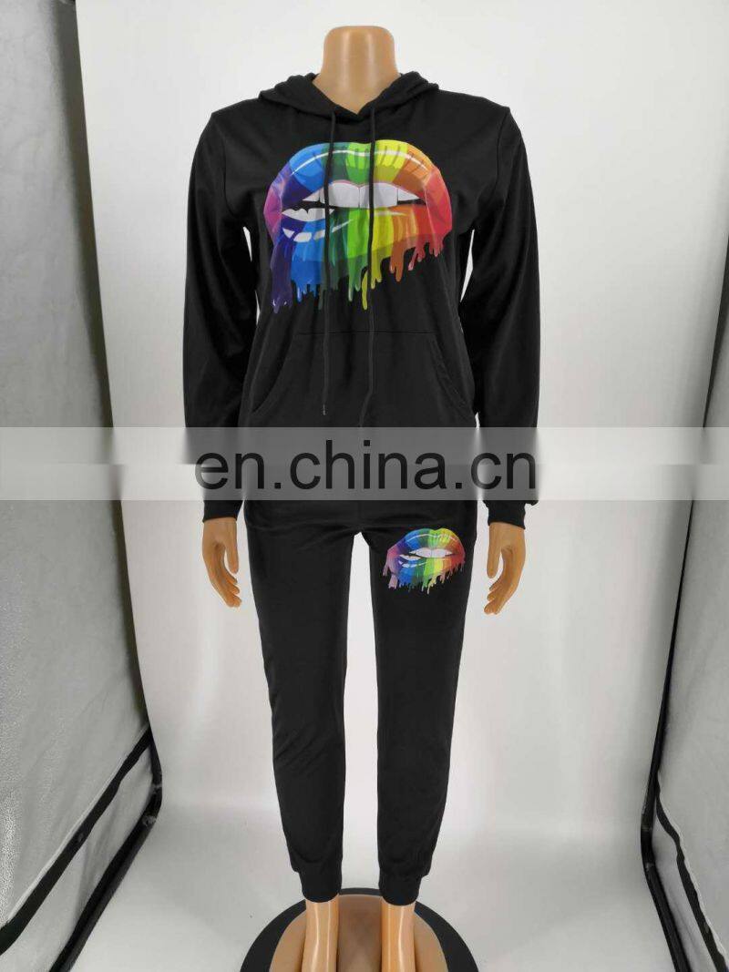 Wholesale custom ladies suit printed hooded long sleeve sweater casual suit Sports long hooded printed suit Casual style