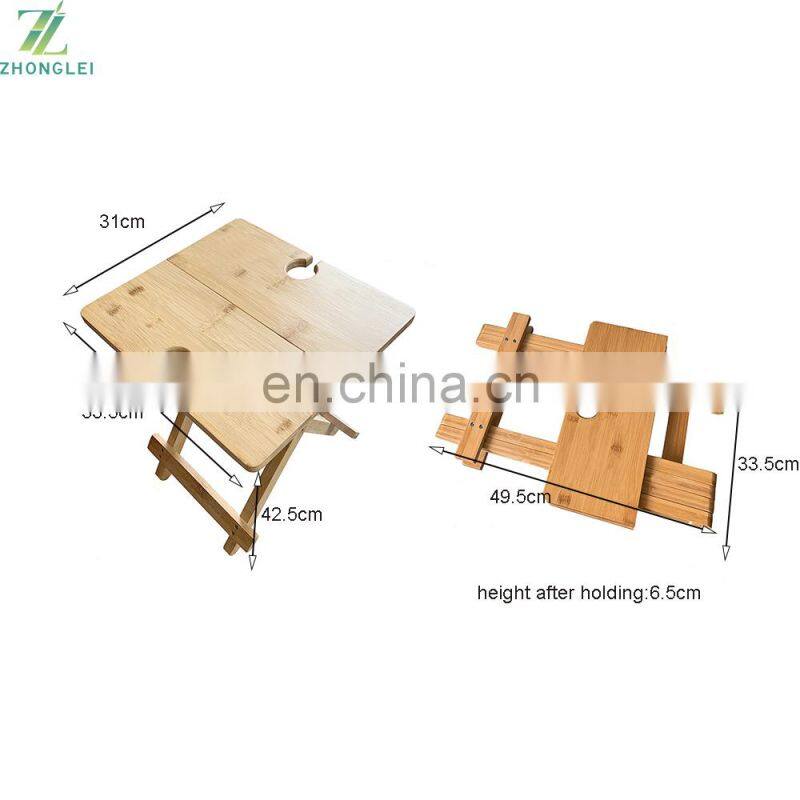 foldable bamboo table travel picnic tray cut out holds 4 stemmed wine glasses folds flat for easy transport with a carry bag