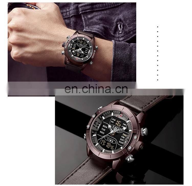 NAVIFORCE NF9153L Trendy Men Brand Analog Digital Clock Watch Leather Two Time Alarm Light Watches Men Wrist