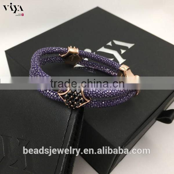 2016 Wholesale Luxury Stingray/ Python Leather Silver Bracelet With Rose Gold Clasps White Diamond