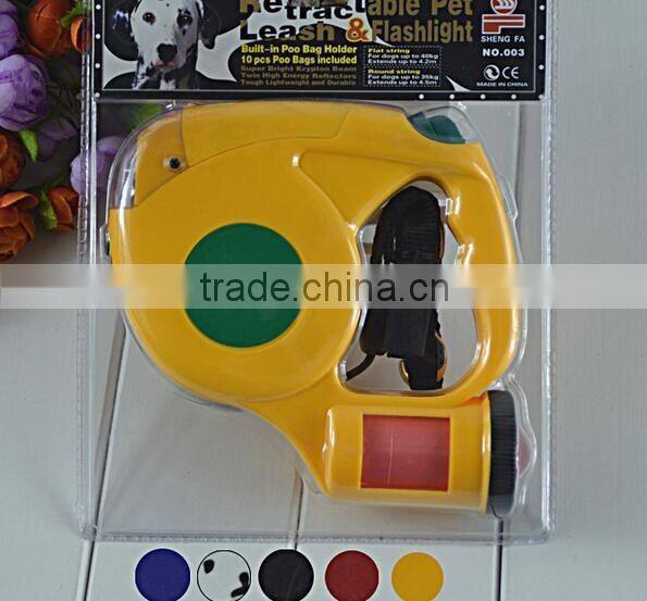 New 2016 Pet traction comes empty garbage bags triple automatic retractable dog leash With LED Light pet traction 4 colored 4.5m