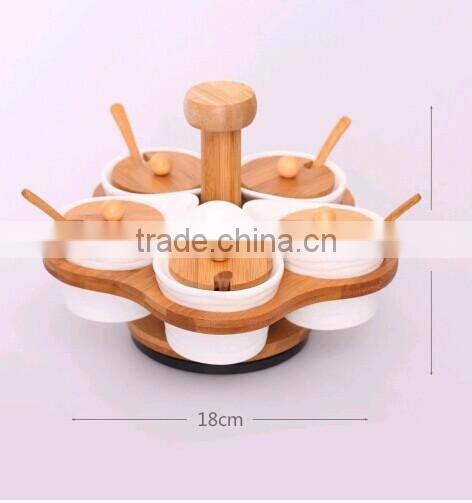 ceramic condiment set with bamboo rack