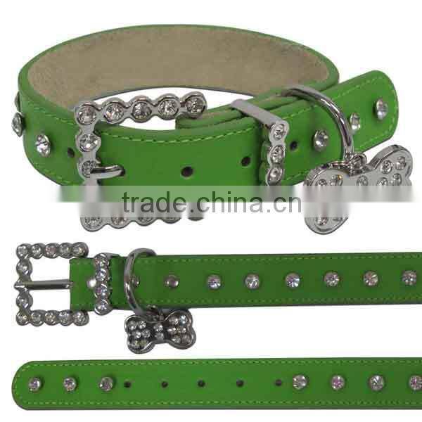 Green Rhinestone Buckle Leather Dog Collars Wholesale