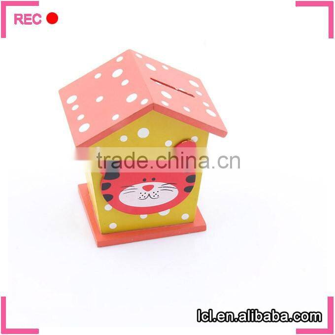 Wooden money box house shaped, wood material money storage box