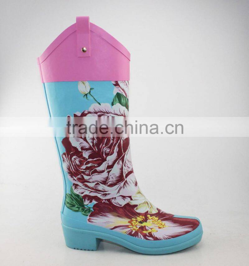 New printing peony flower vintage ladies rubber boot
