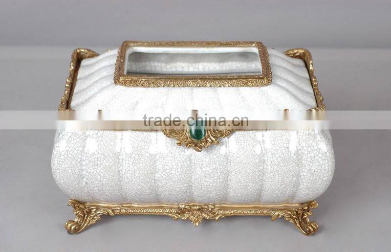 White color basket design golden brass insect decorative ceramic tissue box