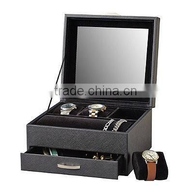 Watch Box Black Leather Display Glass Top Jewelry Case Organizer