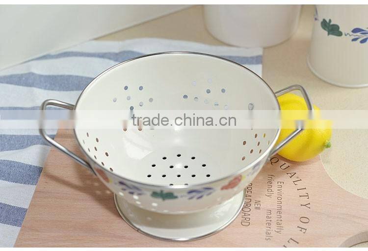 Vintage enamel metal fruit colander vegetable basket kitchen strainer with double handles