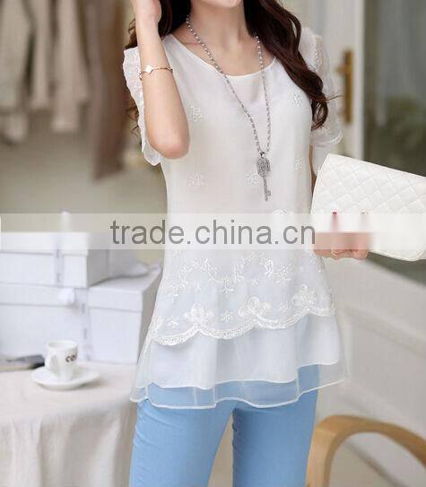 Embroidery lace chiffon round neck t- shirt with short sleeves