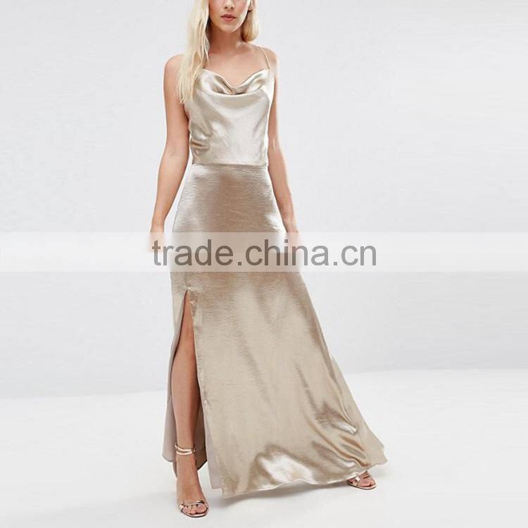 2016 Pictures of Ladies Prom Gown Dresses Cowl Front Strappy Evening Cami Maxi Dress With Thigh Split HSd7464