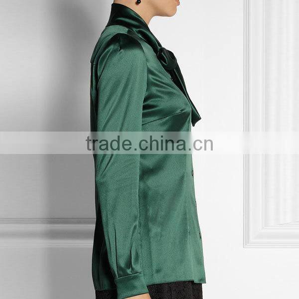 New high quality lady simple long sleeve green satin pussy bow blouse