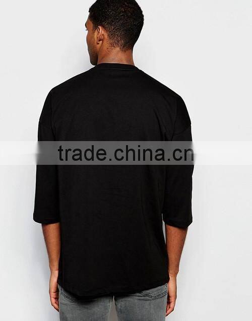 Men oversized 3/4 sleeves dropped shoulders black t-shirt OEM supplier in China