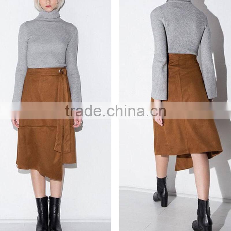 Wholesale latest lady tie waist midi pencil skirt asymmetric wrap front skirt